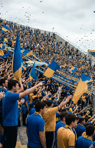 Torcedores do Boca Juniors com bandeiras na arquibancada da Bombonera